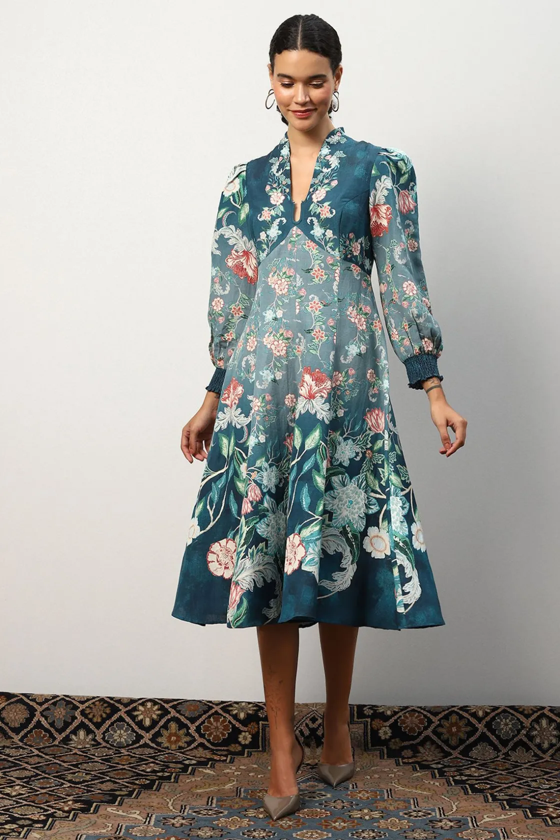 RANNA GILL Dresses-Kennedy Dress Teal Forest Print