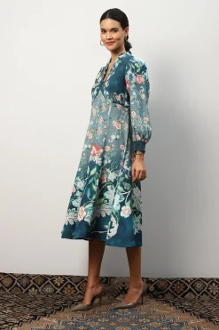 RANNA GILL Dresses-Kennedy Dress Teal Forest Print